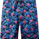 FT FENTENG Mens Swim Trunks Quick Dry Board Shorts with Mesh Lining, Breathable Surf Beach Shorts Swimwear Bathing Suits (Medium, Blue Leaf Flamingo-1)
