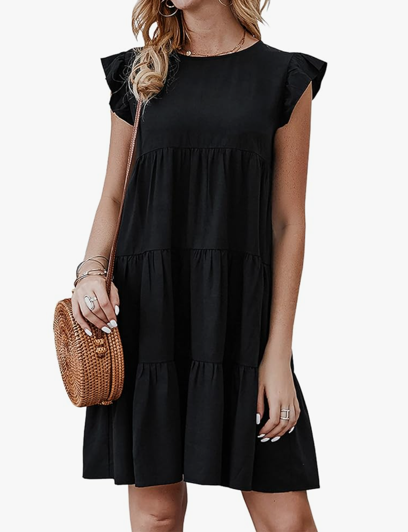 KIRUNDO Women's Summer Dresses Sleeveless Ruffle Sleeve Round Neck Solid Loose Short Flowy Pleated Mini Babydoll Dress XXL