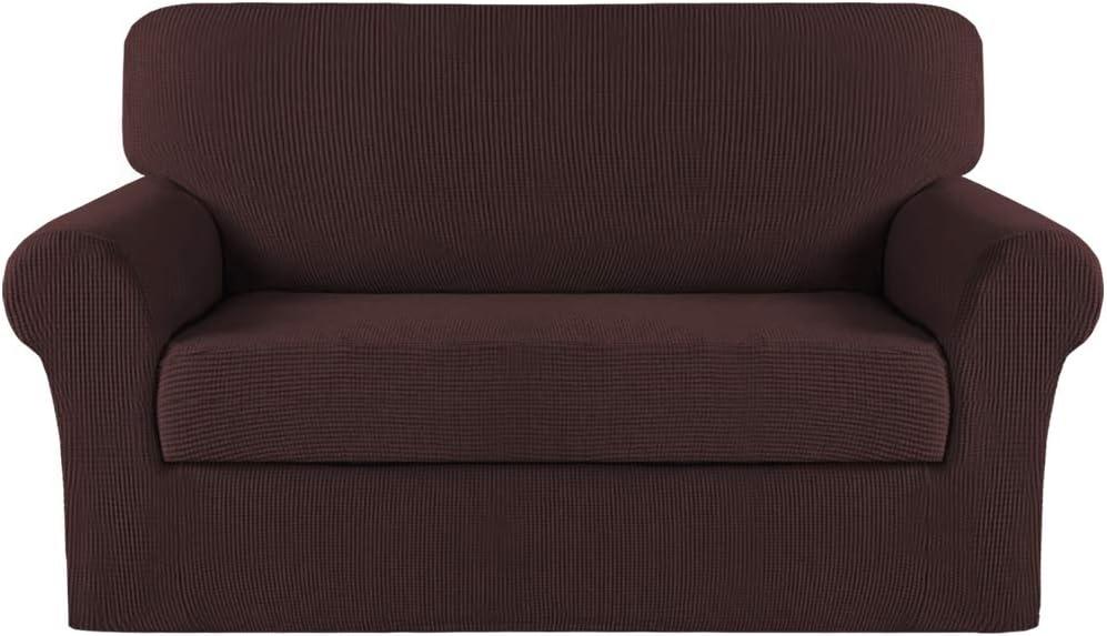 Turquoize Stretch Sofa Slipcover 2 Pieces Sofa Cover Couch Cover for 2 Cushion Couch Washable Furniture Protector Covers with Elastic Bottom Feature Thick Jacquard Fabric (Loveseat, Brown)