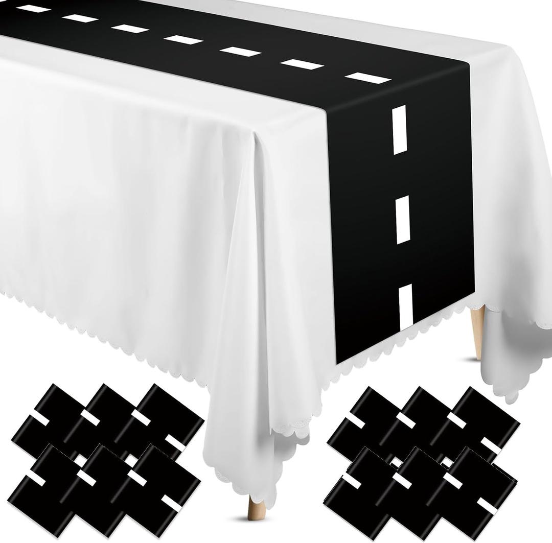 Preboun 12 Pcs Plastic Checkered Table Runner 14 x 108 Inch Racetrack Road Table Runner for Two Fast Car Theme Birthday Racing Party Decor Events Supplies (Black White Race Track)