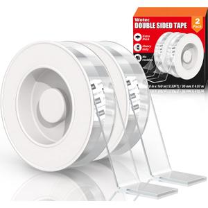 Wotec 2 Pack Extra Large Double Sided Tape Heavy Duty Removable 1.18 Inch x 160 Inch, Clear & Tough Nano Tape, Multipurpose Mounting Tape Picture Hanging Strips Adhesive for Poster Carpet