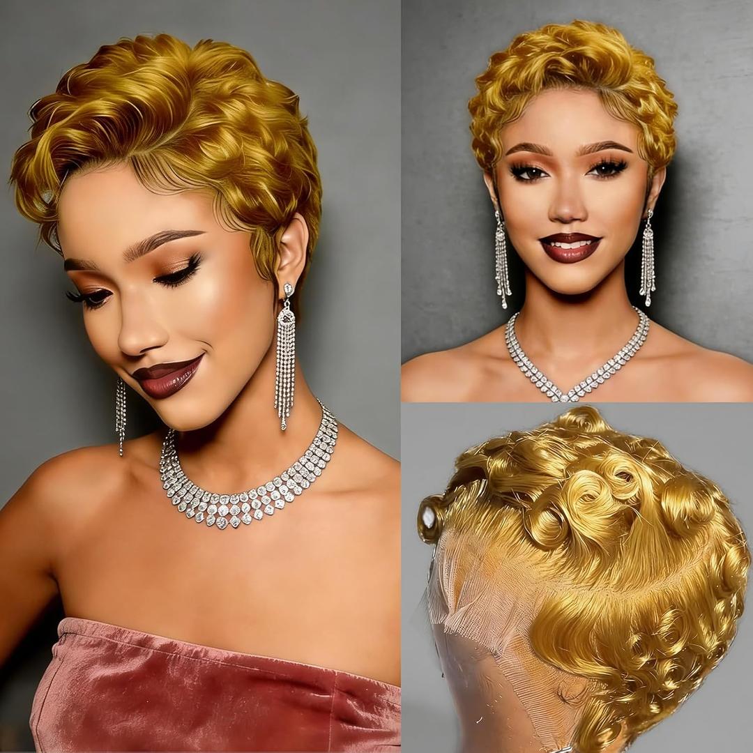 Honey Blonde #27 Short Curly 13X4 Lace Front Pixie Cut Wigs 100% Human Hair for Black Women, Honey Blonde Curly Deep Wave 13x4 Lace Front Glueless Wig Finger Wavy Natural Look Daily Wear Mommy Wig
