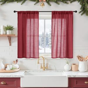 BGment Linen Burgundy Curtains 40 Inch Length for Kitchen Window, Small Semi Sheer Drapes for Cafe Over Sink Bathroom Lightweight Rod Pocket Light Filtering, 2 Panels Set, Each 30 Inch Wide