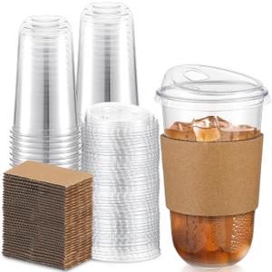 Baderke 50 Sets Clear Plastic Coffee Cups with Sip Lids and Cup Sleeve, Disposable Clear Pet Cups for Iced Coffee Cold Beverage, Shops and Party Catering (18 oz)