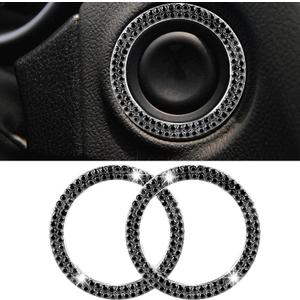 2PCS Crystal Double Rhinestone Car Engine Start Ring Decals, Bling Car Interior Accessories, Car Engine Start Stop Decoration Ring, Push to Start Button Cover/Sticker, Key Ignition & Knob Ring (Black)