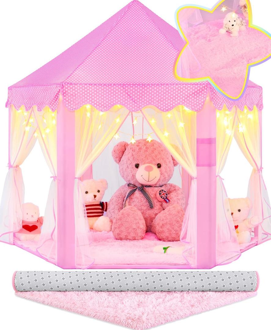 EVOIONOS Princess Tent with Lights and Rug, Play Tent for Girls, Kids Tent Indoor and Mat, Princess Castle Playhouse Tent for Girls, Pink Girls Tent for Toddlers, 55 x 53 inch Toy Tent
