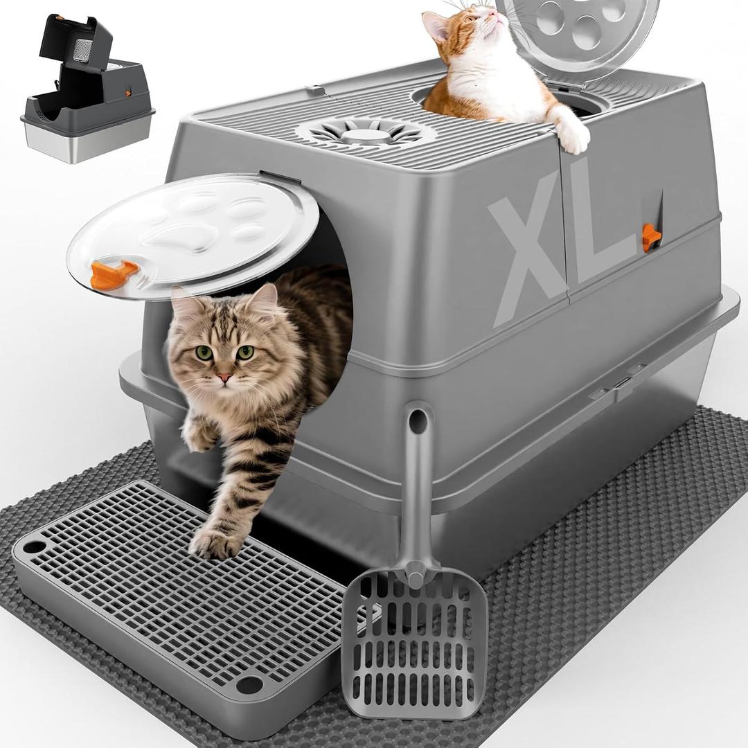 Stainless Steel Litter Box with Lid XL Extra Large Litter Box Enclosed Top Entry Metal Litterbox for Big Cats Easy Cleaning Anti-Leakage & High Sided with Mat Aisle & Scoop, Dark Grey