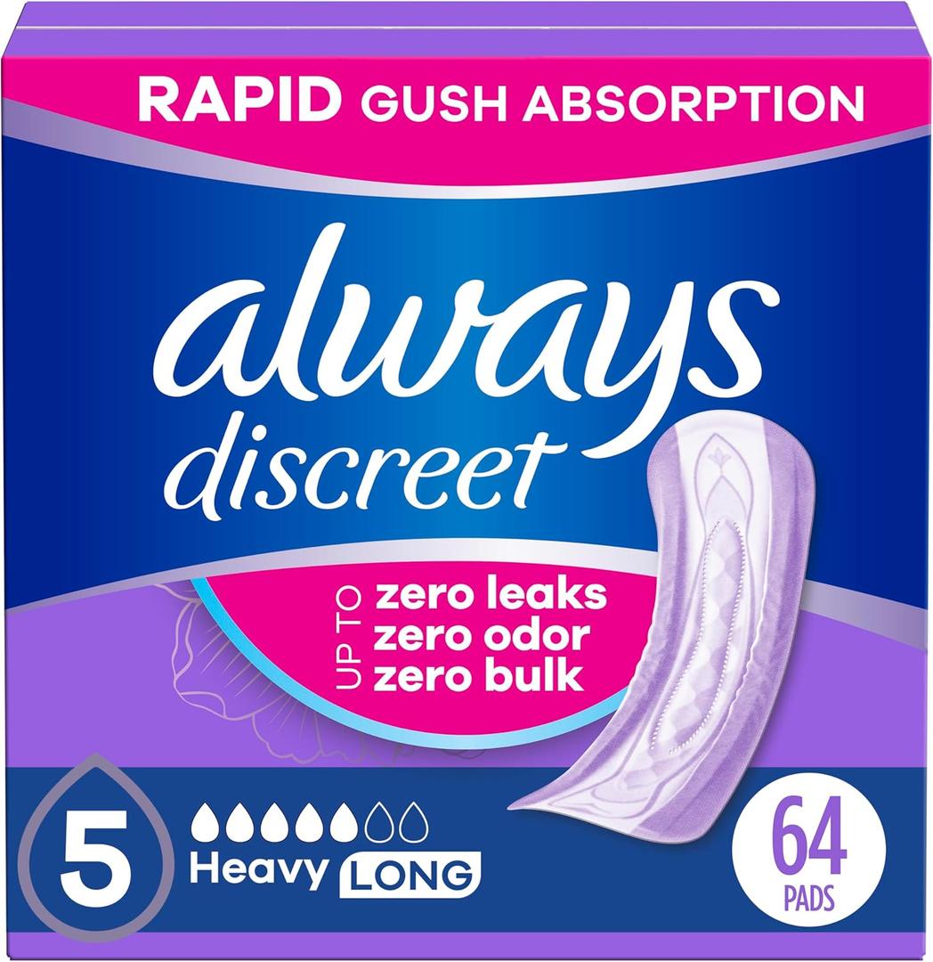 Always Discreet Adult Incontinence Pads for Women, Drier vs Poise, 5 Drop Long Length, Heavy Absorbency, Pads for Bladder Control Management, Bladder Leaks, & Postpartum Pads, 64ct