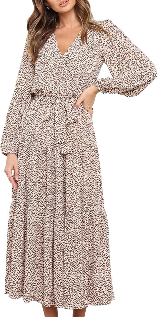 R.Vivimos Women's Fall Long Sleeve Casual Dresses Wrap V Neck Polka Dots Tiered Ruffle Flowy Midi Dress with Belt (Medium)