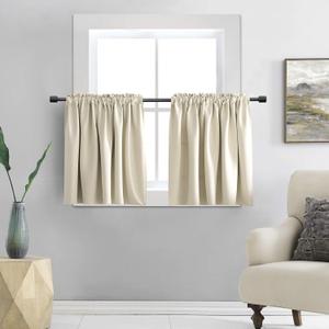 DONREN 24 by 24 Inches Long Small Tier Cabinet Curtains for Kitchen Thermal Insulated Half Long Pure White Short Drapes for Basement Bathroom Window Covering 1 Pair Beige