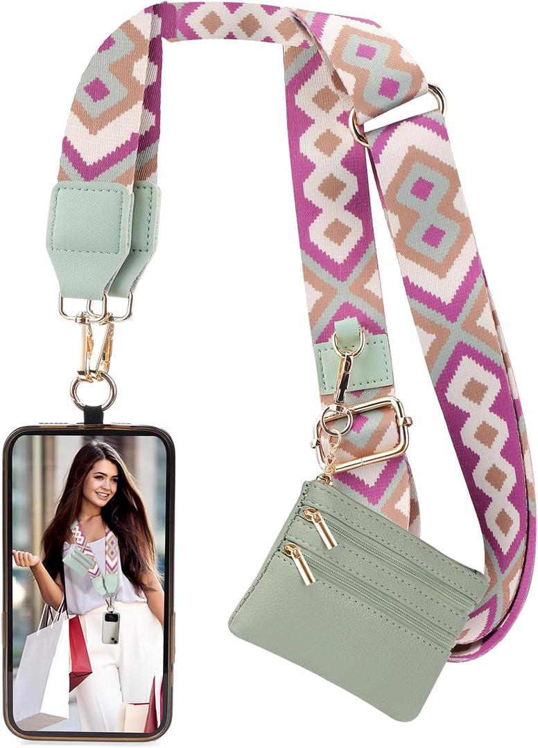 XANGNIER Clip and Go Strap for Phone with Wallet Crossbody, Phone Strap with Zippered Wallet, Adjustable Anti Theft Cellphone Lanyard for Women, Cellphone Chain Accessories Green