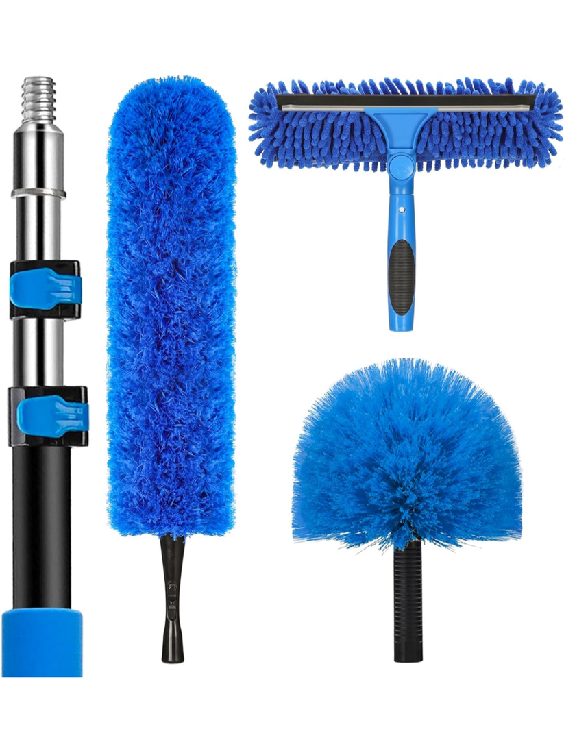 20 Feet High Reach Duster Kit with 5-12 Ft Extension Pole, Cobweb Duster with Telescoping Pole, Window Squeegee with Scrubber, Spider Web Brush, High Ceiling Fan Duster for High Window, Interior Roof