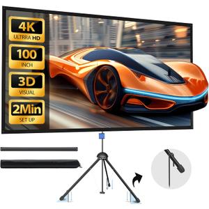 Projector Screen with Stand - 100" Indoor/Outdoor 16:9, 4K HD PVC Screen with 1.5 Gain, 2IN1 for Backyard Theater & Wall Hanging, Includes Carry Bag