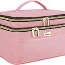 Double Layer Travel Makeup Bag for Women, Large Cosmetic Case Organizer with Makeup Brush Compartment, Portable Train Case Make Up Bag for Travel-Size (Pink)