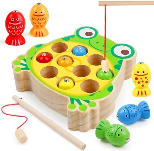 NAODONGLI Magnetic Wooden Fishing Game Toys for Toddlers,Wooden Frog Magnets Fishing Learning Color Sorting Puzzle Montessori Preschool Educational Fine Motor Skills for 3 4 5 Years Old Boys Girls