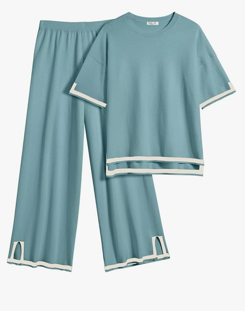 Ekouaer Lounge Set for Women Travel Outfits 2 Piece Sets Short Sleeve Sweater Top Wide Leg Long Pants Loungewear, Large