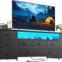 Huuger 63 Inch TV Stand for 65, 70 Inch TV, 11 Drawer Long Dresser with Power Outlets and LED Lights, Entertainment Center with Storage, Black Dresser with PU Leather Surface, 13"D x 63"W x 26.8"H