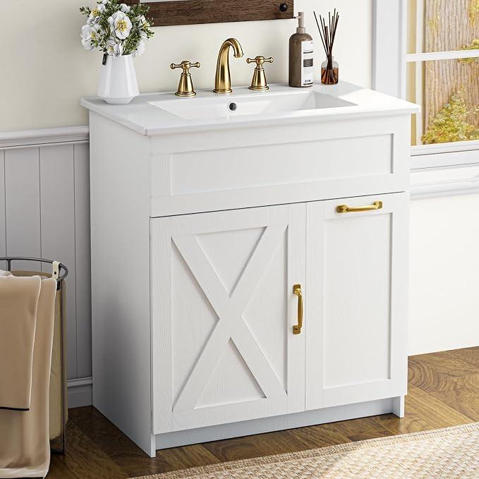 30" Bathroom Vanity with Sink, Solid Wood Frame Bathroom Cabinet, Size: With Hair Tool Organizer & Power Outlets