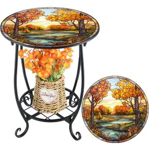 Outdoor Side Table Round Small Mosaic Patio Accent Indoor End Plant Metal Coffee Tea Table for Yard Porch Garden Patio Living Room, Bedroom (Fall Style,14 Inch)