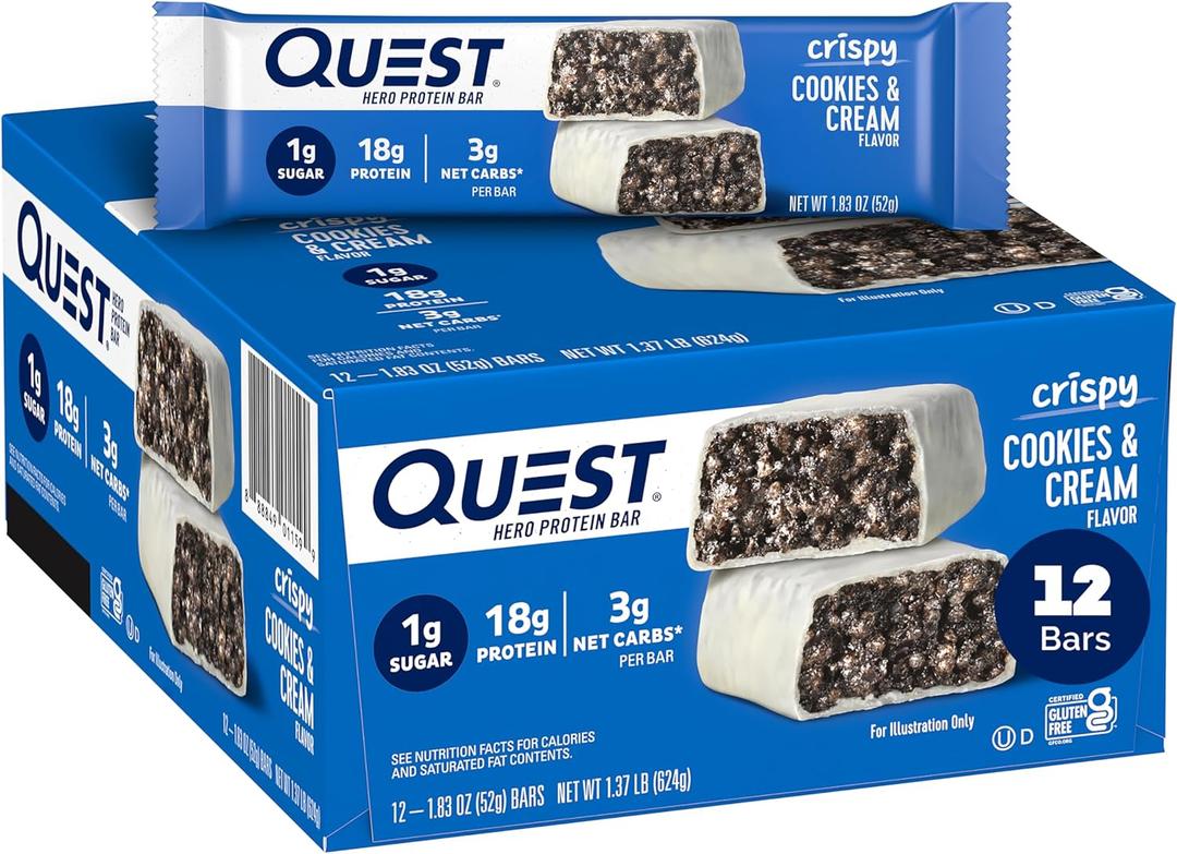 Quest Nutrition Crispy Cookies & Cream Hero Protein Bar, 18g Protein, 1g Sugar, 3g Net Carb, Gluten Free Protein Snack, Keto Friendly, 12 Count, Best By: 04/28/2026