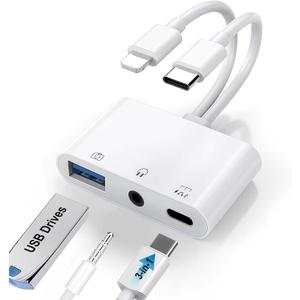 USB C & Lighting to 3.5mm Headphone Adapter, 3-in-1 USB OTG Camera Adapter & Aux Headphone Splitter, Supports Charging/Audio/Data Transfer for iPhone 17/16/15/14/13/12, Samsung Galaxy S25/24, Laptops