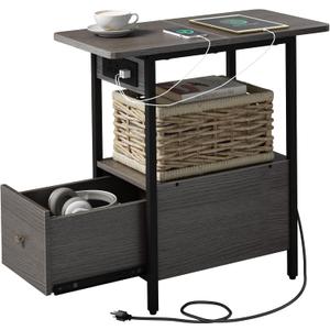 LIDYUK End Table with Charging Station, Narrow Side Table with Drawer and USB Ports & Power Outlets, Nightstand Bedside Tables for Small Spaces, Bedroom, Living Room, Dark Grey