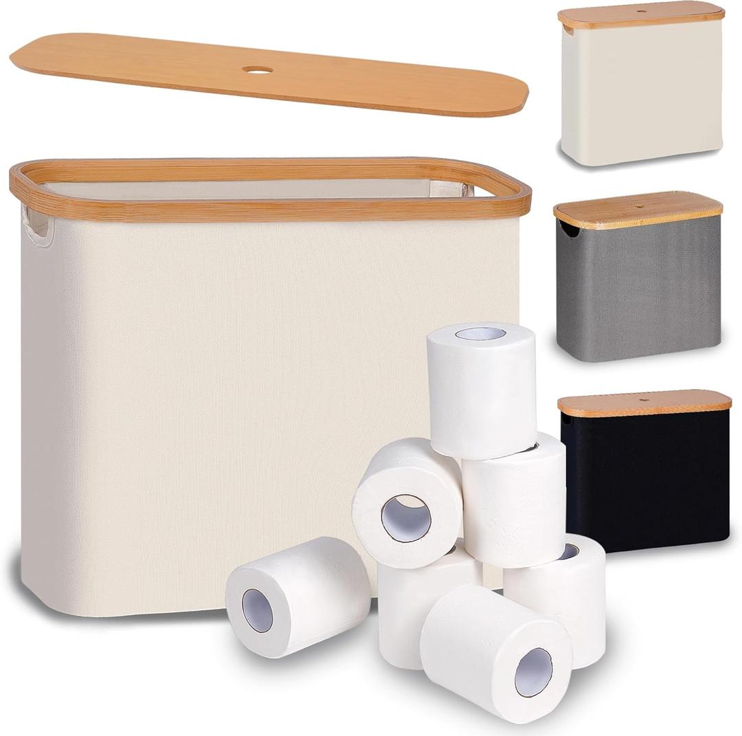 Toilet Paper Storage Box, Toilet Paper Basket with Lid, Bathroom Toilet Paper Storage Box, Freestanding Storage Rack, Holds 9 Rolls (Off-White)