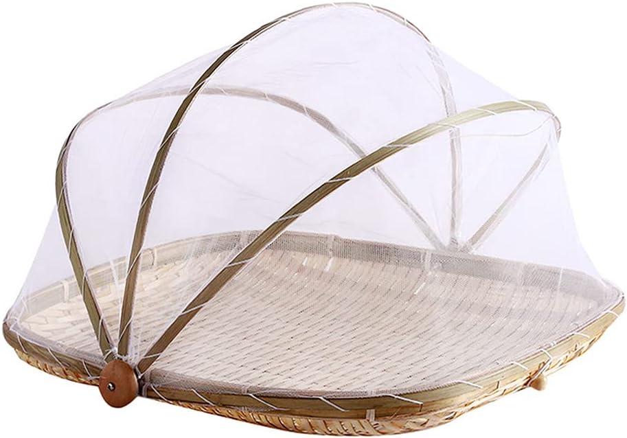 Food Bamboo Food Serving Tent Basket Hand-Woven Basket Serving Dustproof Picnic Basket Vegetable Fruits Bread Home Square Storage Basket with Mesh Gauze Cover Container