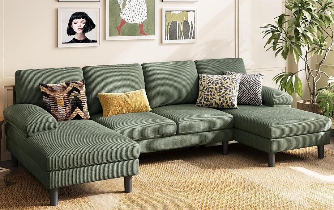 LINSY HOME Sectional Couch, 111'' W Corduroy U Shaped Sofa with Sleepable Armrests, 4 Seat Couch with Double Chaises, Deep Seat Sofa for Living Room, Army Green