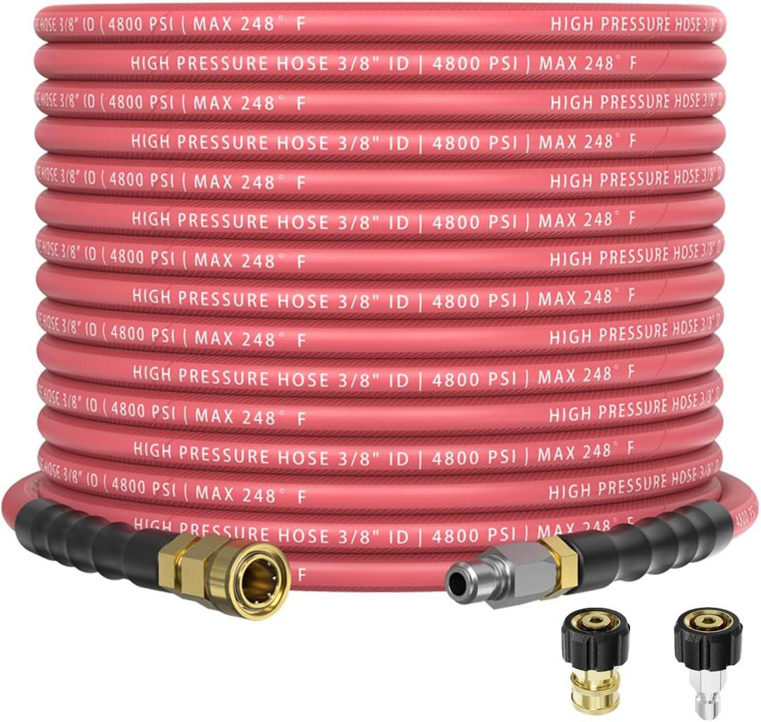 3/8" 4800PSI Pressure Washer Hose 50FT with 360 Swivel Quick Connect, Flexible & Kink Resistant Steel Wire Braided & Durable for Hot/Cold Water, High Power Washer Hose With M22 14mm Adapter (Red)