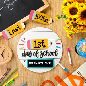 Pencil First Last Day of School Sign Interchangeable Back to School Board Reusable Wooden First Day of Sign with Writable Chalkboard for Preschool Kindergarten Signs 10''