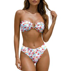 ANRABESS Bikini Sets for Women Bandeau O Ring 2 Piece Swimsuit Floral Halter Tie Back Bathing Suit 2026 Summer Beach Swimwear (Small, Red Blue Floral)