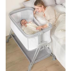 Baby Bassinet Bedside Sleeper with Wheels and Storage Tray, 4-Side Mesh Bedside Bassinet for Baby,Height Adjustable Bedside Crib for Newborn/Infant, Light Grey, Mattress Included