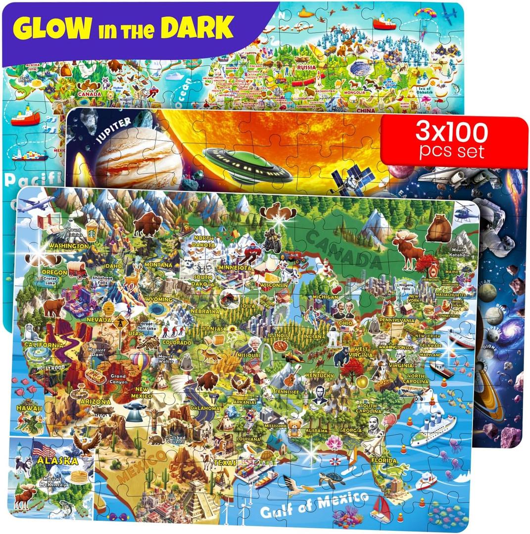 QUOKKA 100 Puzzles for Kids Ages 4-6 – Glow-in-the-Dark USA Map World Map and Solar System – Educational Floor Puzzles for Kids Ages 6-8 – Geography Learning Toys for 5-8 Year Olds