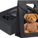 Liobelon 12 Pieces Kraft Paper Gift Bags with Clear Window, Stand Up Gift Bag With Handles Packaging Bag with Bow for Candy Cookies Party Store (black, 6.3 x 4.7 x 2.4inch)