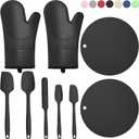 Oven Mitts with Heat-Resistant Hot Pads and Five Silicone Spatulas Designed for Kitchen Baking Cooking, Oven Glove Soft Cotton Lining, Waterproof, BPA-Free (New-Black, 12.6)