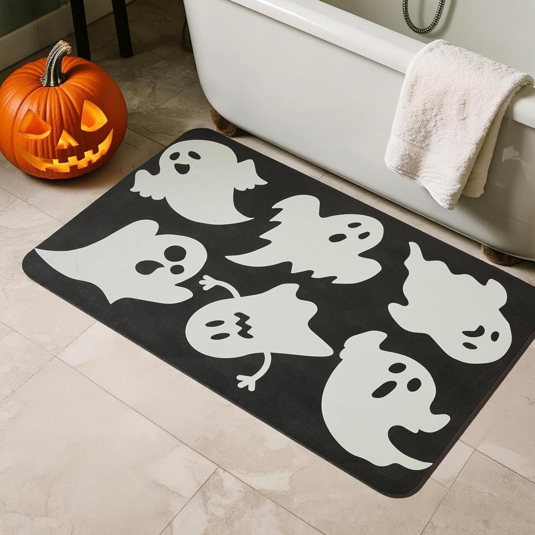 TYUU Halloween Bath Mat, Thin Halloween Bathroom Rug Non Slip Quick Dry Ghost Bath Mat Fits Under Door Thin Floor Mat Halloween Decor, 24''x36'', Ghosts Black