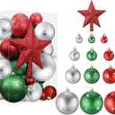 Outus 61 Pcs Glitter Christmas Ball Tree Ornament Set Shatterproof Hanging Ornaments Ball Bulk Plastic Xmas Tree Star Topper for Holiday Wedding Birthday Party Decorations(Red Green Silver)