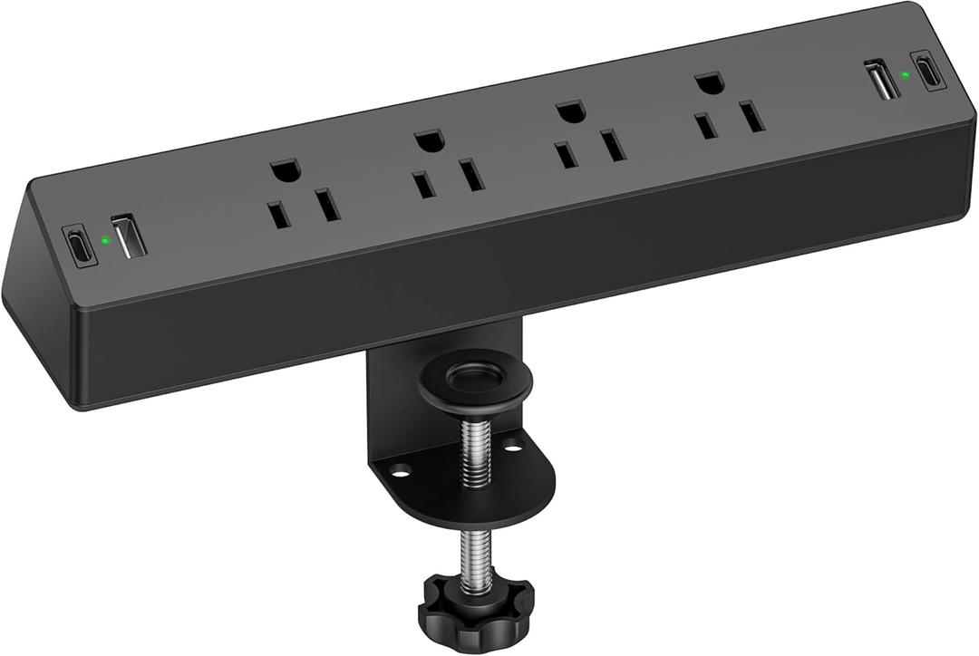 Desk Clamp Power Strip, Flat Plug Fast Charging Station, Desk Mount Surge Protector with PD 20W USB C Ports, Fit 1.7 inch Tabletop Edge Thick, Desktop Outlets for Home Office. (6FT) Black
