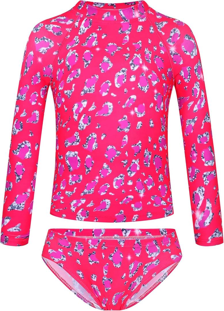 TENVDA Girls Swimsuit Long Sleeve Rash Guard Sets UPF 50+ Two Piece Bathing Suits Size 3-12 Years (Hotpink Leopard)
