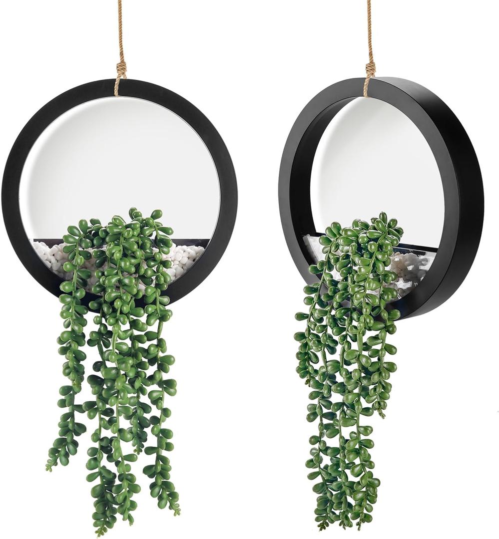 Der Rose 2 Pack Fake Plants Hanging Artificial Succulents Plants in Black Pots for Living Room Bathroom Accessories Boho Farmhouse Wall Decor