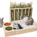 3 in 1 Rabbit Hay Feeder with Litter Box,Wooden Hay Feeder with 2 Bowls & Litter Box for Guinea Pig Chinchilla Bunny Other Small Animals,Large Capacity & Preventing Waste