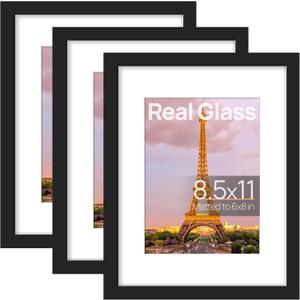 Upsimples 8.5x11 Picture Frame Set of 3, Made of High Definition Glass for 6x8 with Mat or 8.5x11 Without Mat, Wall and Tabletop Display Photo Frames, Black