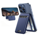 Miracase for MagSafe Wallet (Stand Series),Magnetic Force 3000Gs,5-Card Holder,for iPhone 16/15/14/13/12 Series,Not for 13 Mini/12 Mini,RFID Blocking,Carbon Fiber Blue