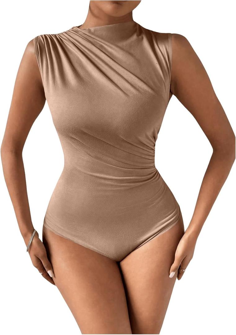 Milumia Women's Ruched Tank Top Sleeveless Mock Neck Bodysuit Fitted Jumpsuit Tops (Large, Brown)