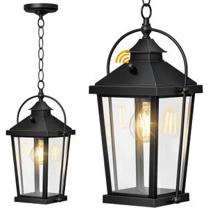 Outdoor Pendant light, 16" Large Dusk to Dawn Outdoor Chandelier for Porch, Waterproof exterior Hanging light fixture, Porch Light Ceiling Mount, Black Hanging Lantern for Yard, Gazebo, Patio