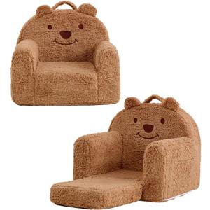 Toddler Chair,Sherpa Bear Toddler Couch Fold Out,Children Reading Chair,Flip Out Kids Couch,Kids Sofa Convertible for Age 1-3(Brown Bear)