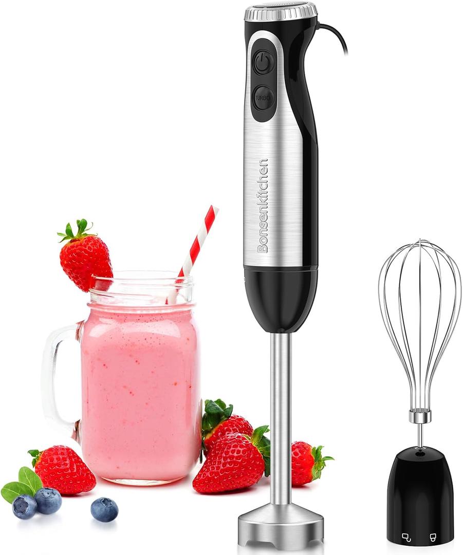 Bonsenkitchen Immersion Handheld Blender with Whisk, 20-Speed & Turbo Mode Hand Blender Stick 500W, 304 Stainless Steel Hand Blender for Soup, Smoothie, Puree, Baby Food (With 1 attachment)