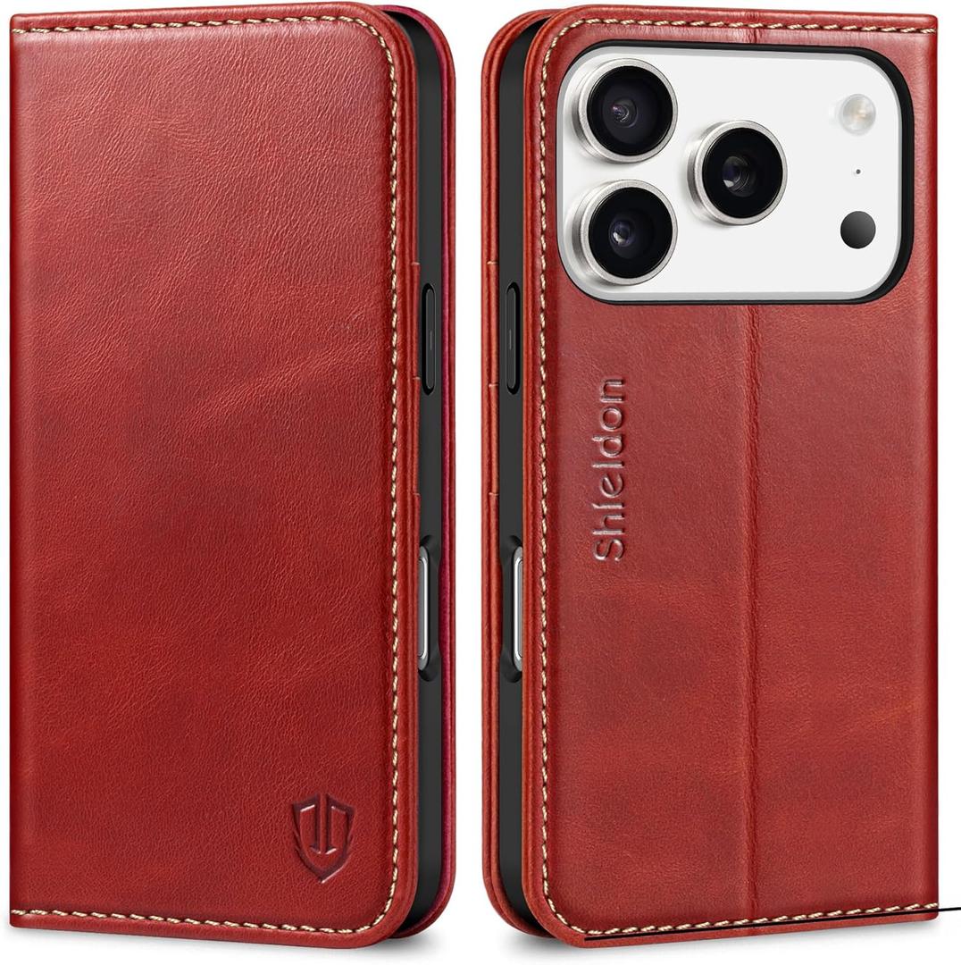 SHIELDON Genuine Leather Case Wallet for iPhone 17 Pro 6.3-inch 2025 | Book Design | Magnetic | Kickstand | RFID Blocking Credit Card Holder | Soft Shockproof Phone Cover | Retro Red