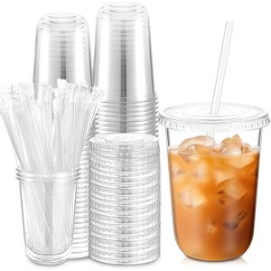 Ziliny 50 Sets Clear Plastic Cups with Lids and Straws, Disposable Iced Coffee Cups Drinking PET for Cold Drinks, Juice, Smoothie, Coffee Shops, Party, Christmas (16 oz,Clear)